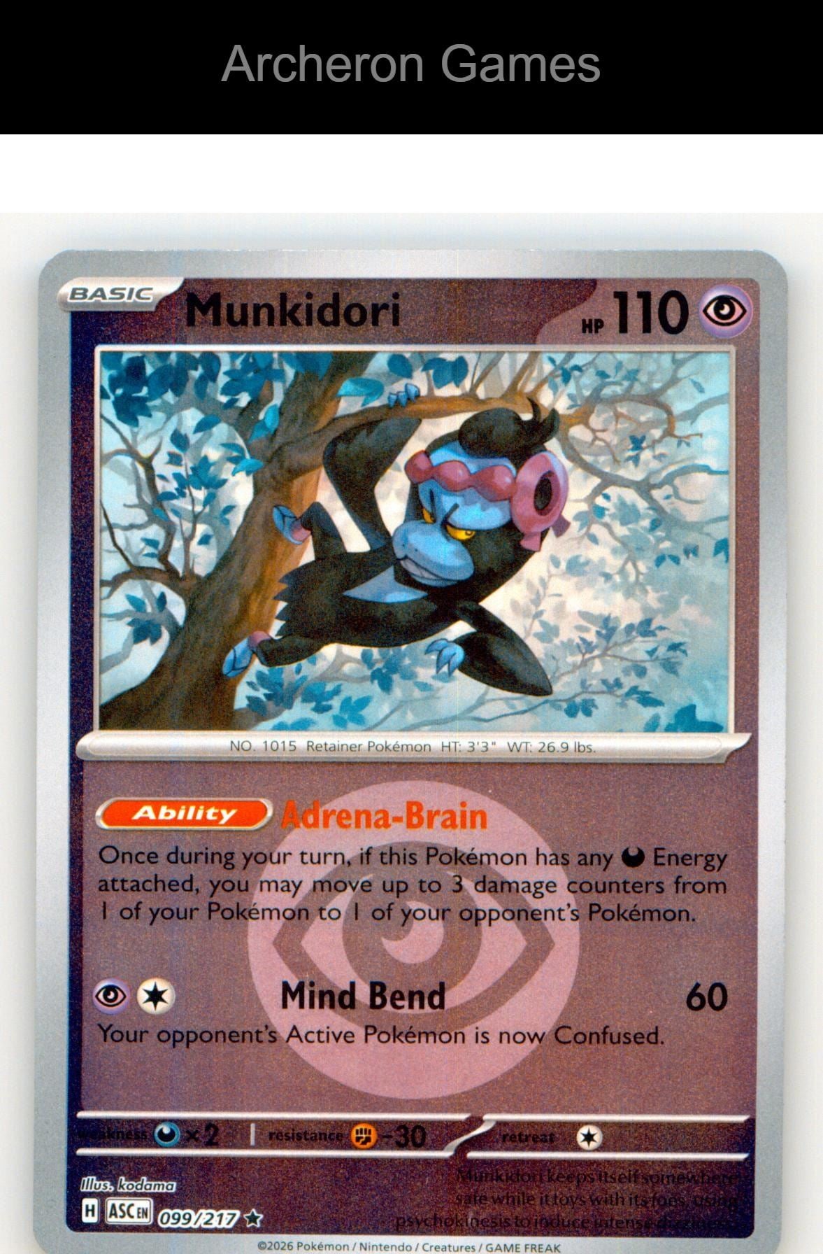 Pokemon Card Munkidori (Energy Symbol Pattern) ASC 099/217  Reverse Holo