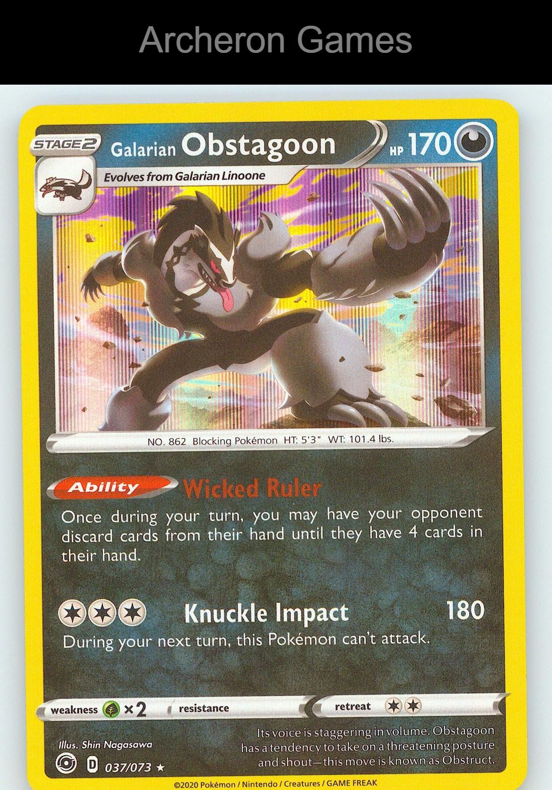 Pokemon Card Galarian Obstagoon CPA 037/073 Line Holo R Champion's Path