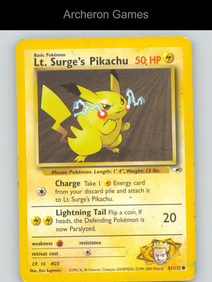 Pokemon Card Lt. Surge's Pikachu G1 81/132 C Gym Heroes Unlimited
