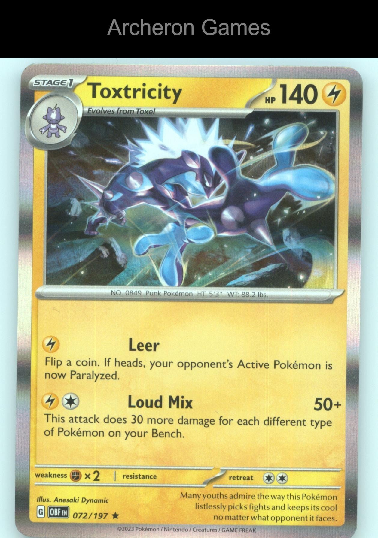 Pokemon Card Toxtricity OBF 072/197 R Obsidian Flames Holo