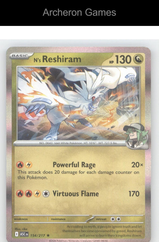 Pokemon Card N's Reshiram ASC 154/217 R Ascended Heroes Holo