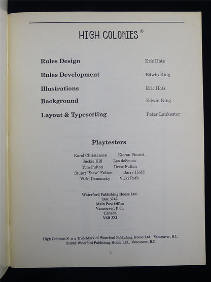 High Colonies Science Fiction Role Playing - Waterford Roleplay Softback #2VO
