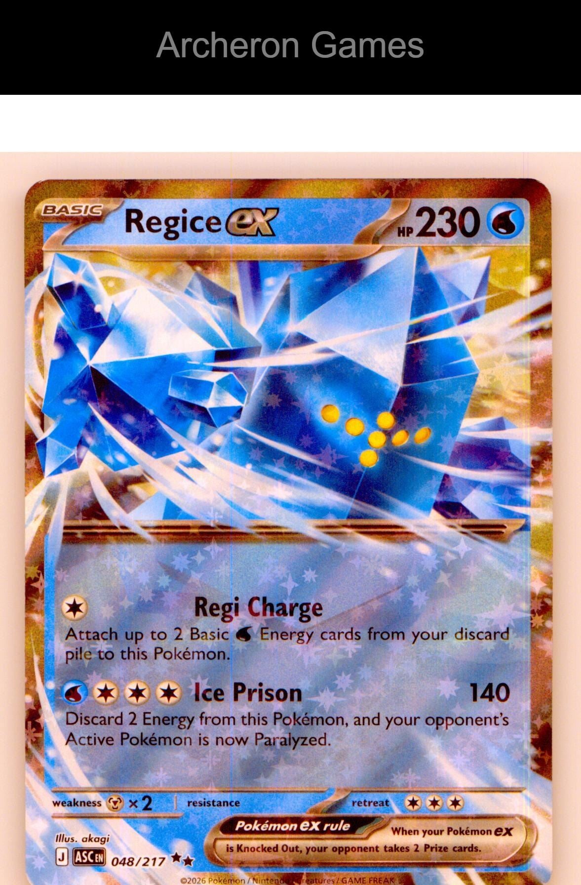 Pokemon Card Regice ex ASC 048/217 Double Rare Ascended Heroes Holo