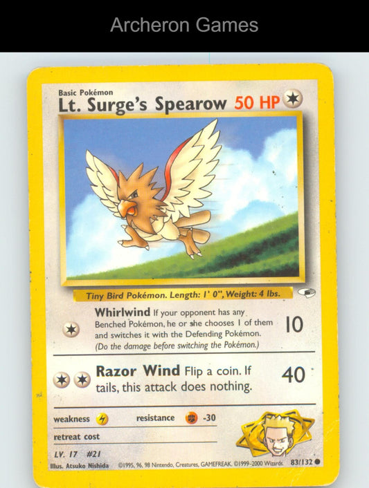 Pokemon Card Lt. Surge's Spearow G1 83/132 C Gym Heroes Unlimited
