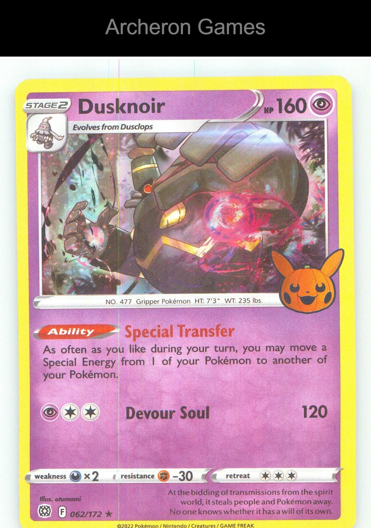 Pokemon Card Dusknoir TTBB 062/172 HOLO P Trick or Trade BOOster