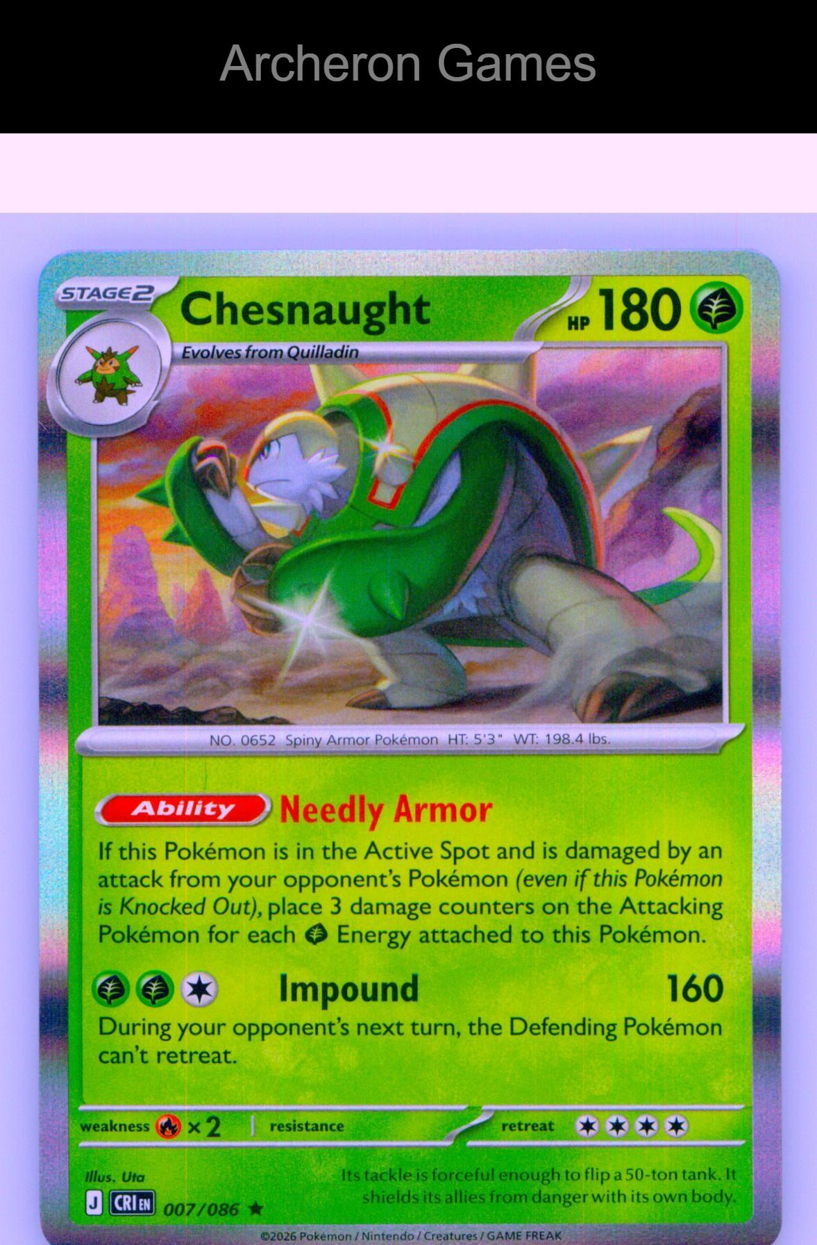 Pokemon Card Chesnaught ME04 007/086 R Chaos Rising Holo