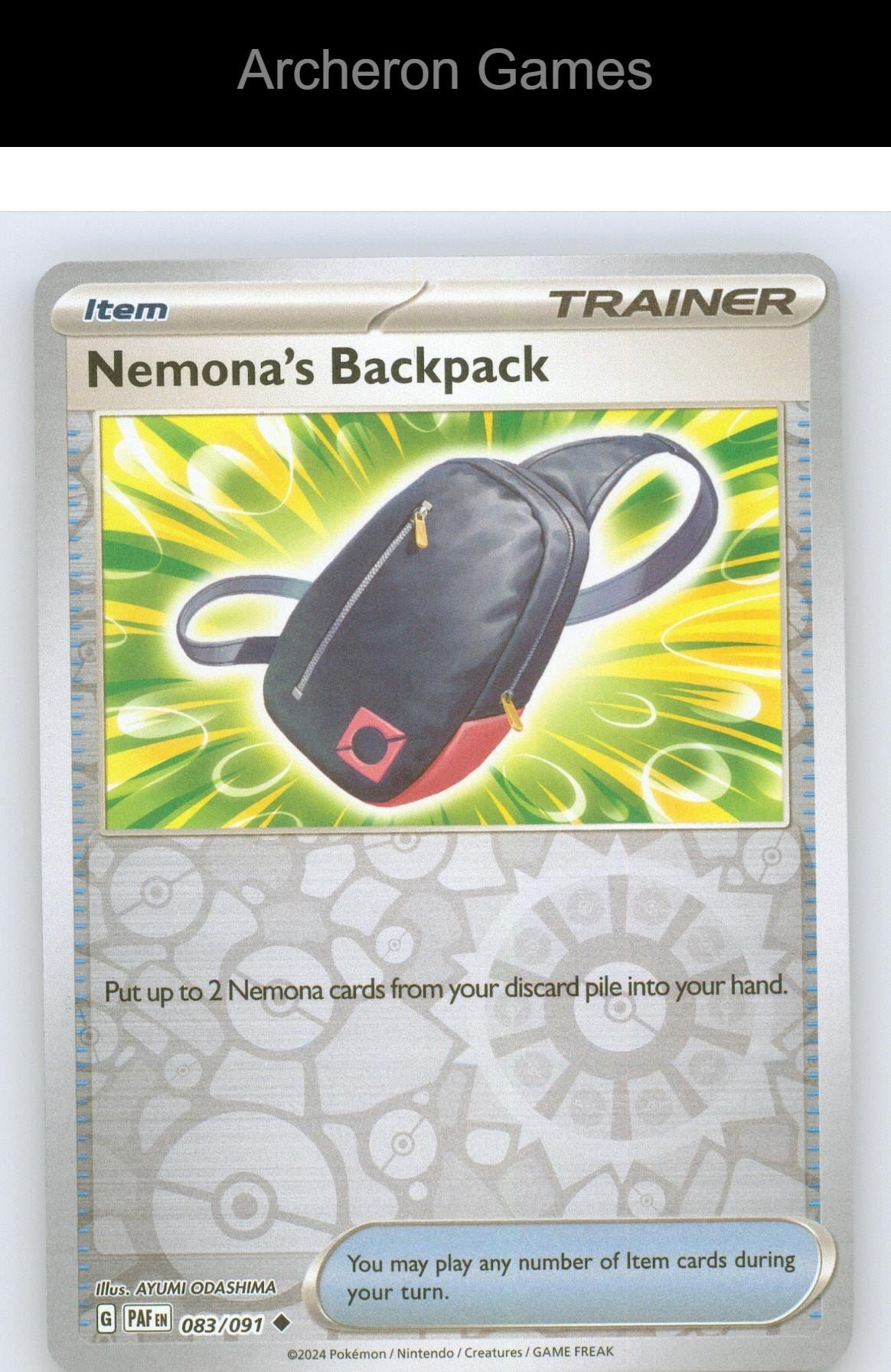 Pokemon Card Nemona's Backpack PAF 083/091 UC Paldean Fates Reverse Holo