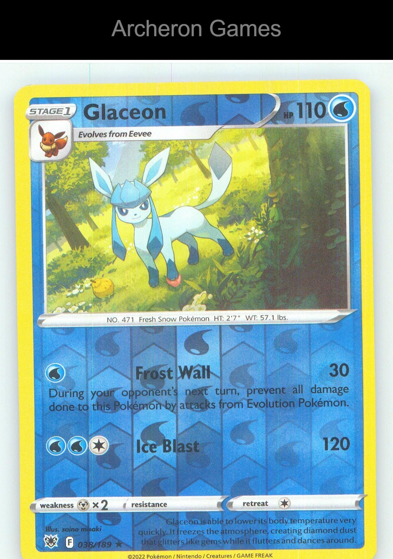 Pokemon Card Glaceon ASR 038/189 R Astral Radiance Reverse Holo
