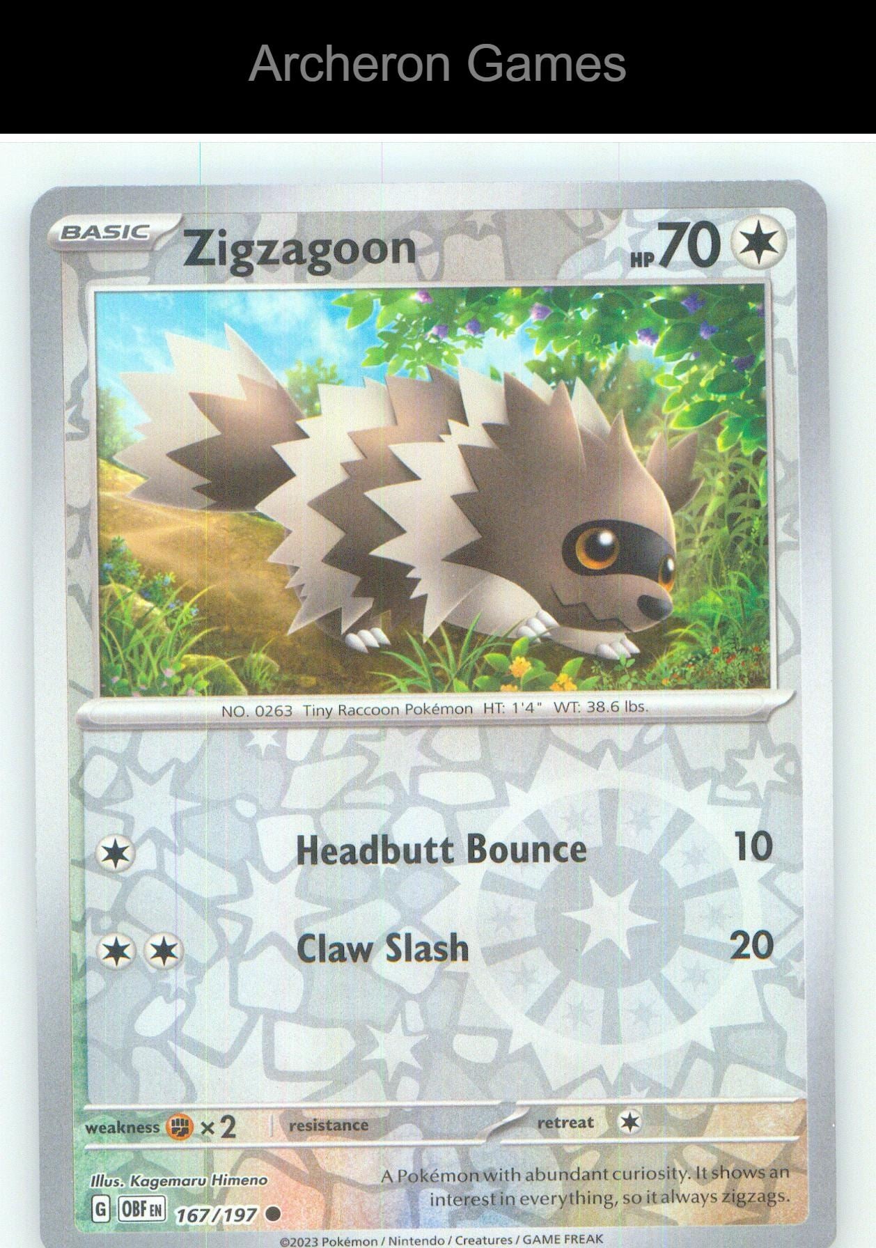 Pokemon Card Zigzagoon OBF 167/197 C Obsidian Flames Reverse Holo