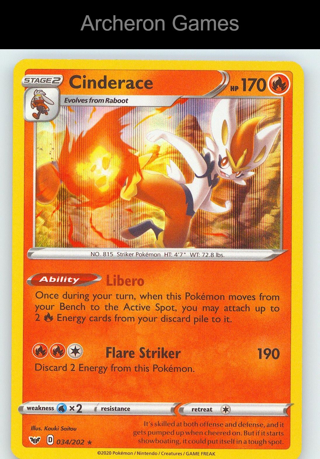 Pokemon Card Cinderace SSH 034/202 Line Holo R Sword & Shield