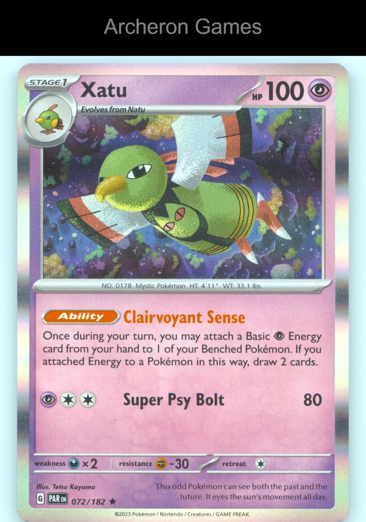 Pokemon Card Xatu PAR 072/182 R Paradox Rift Holo