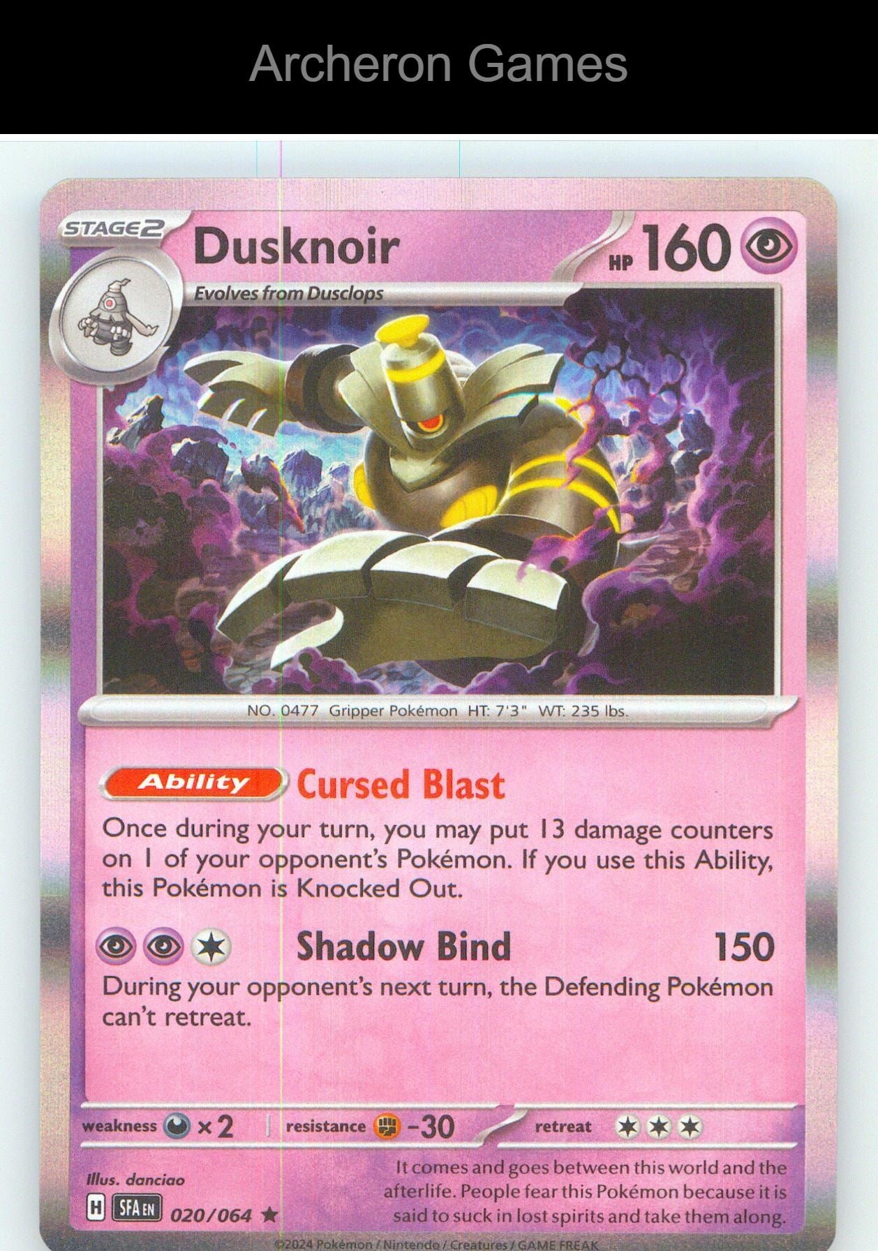 Pokemon Card Dusknoir SFA 020/064 R Shrouded Fable Holo