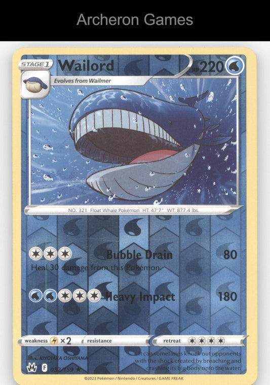 Pokemon Card Wailord CRZ 032/159 R Crown Zenith Reverse Holo