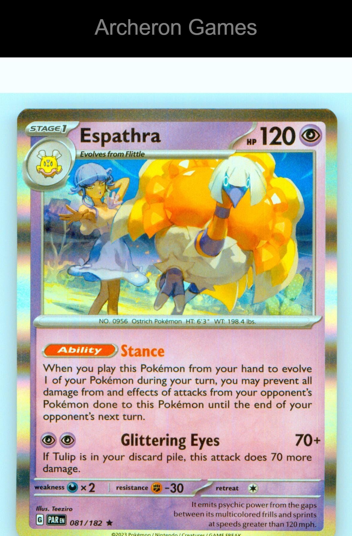 Pokemon Card Espathra PAR 081/182 R Paradox Rift Holo