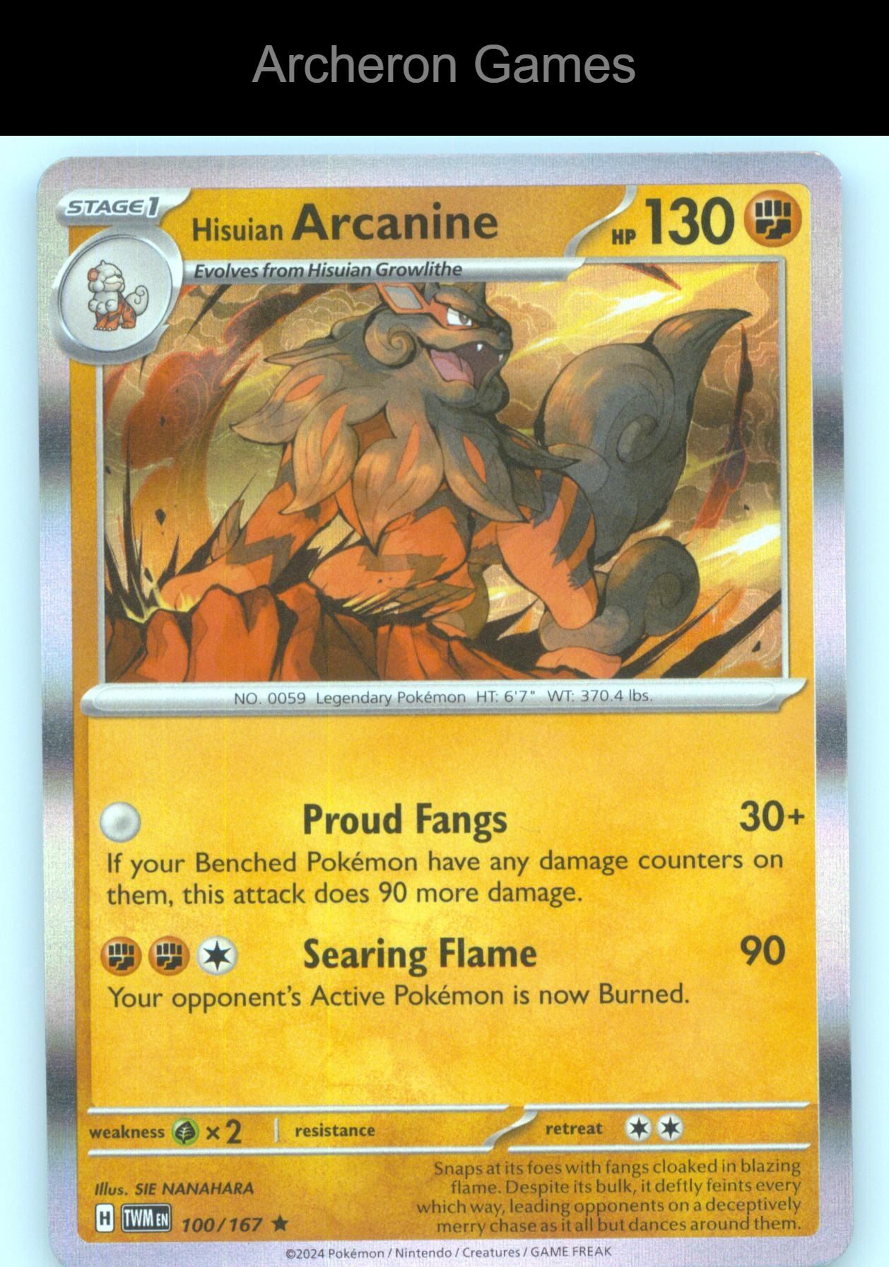 Pokemon Card Hisuian Arcanine TWM 100/167 R Twilight Masquerade Holo