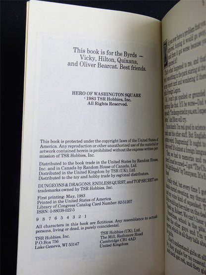 D&D Adventure Book: Hero of Washington Square Endless Quest - Vintage Novel Softback #LW