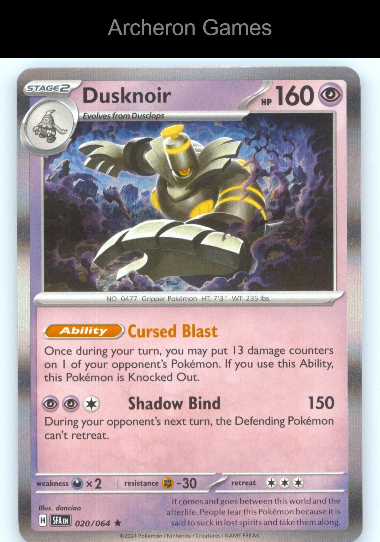 Pokemon Card Dusknoir SFA 020/064 R Shrouded Fable Holo
