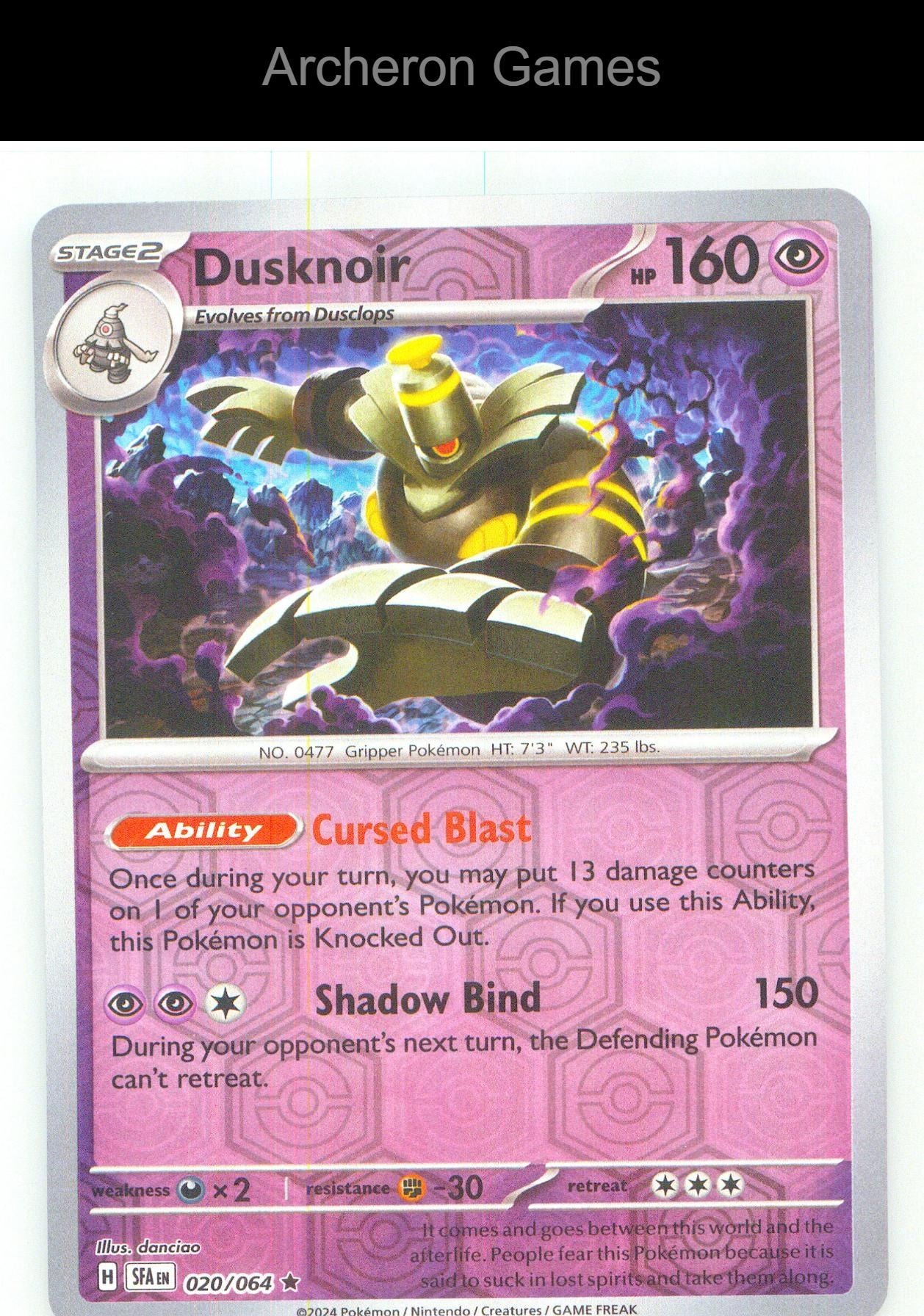 Pokemon Card Dusknoir SFA 020/064 R Shrouded Fable Reverse Holo