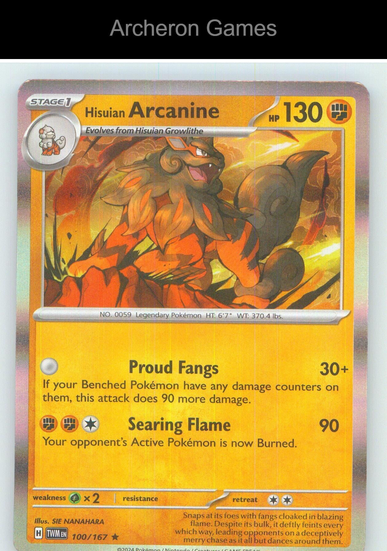 Pokemon Card Hisuian Arcanine TWM 100/167 R Twilight Masquerade Holo