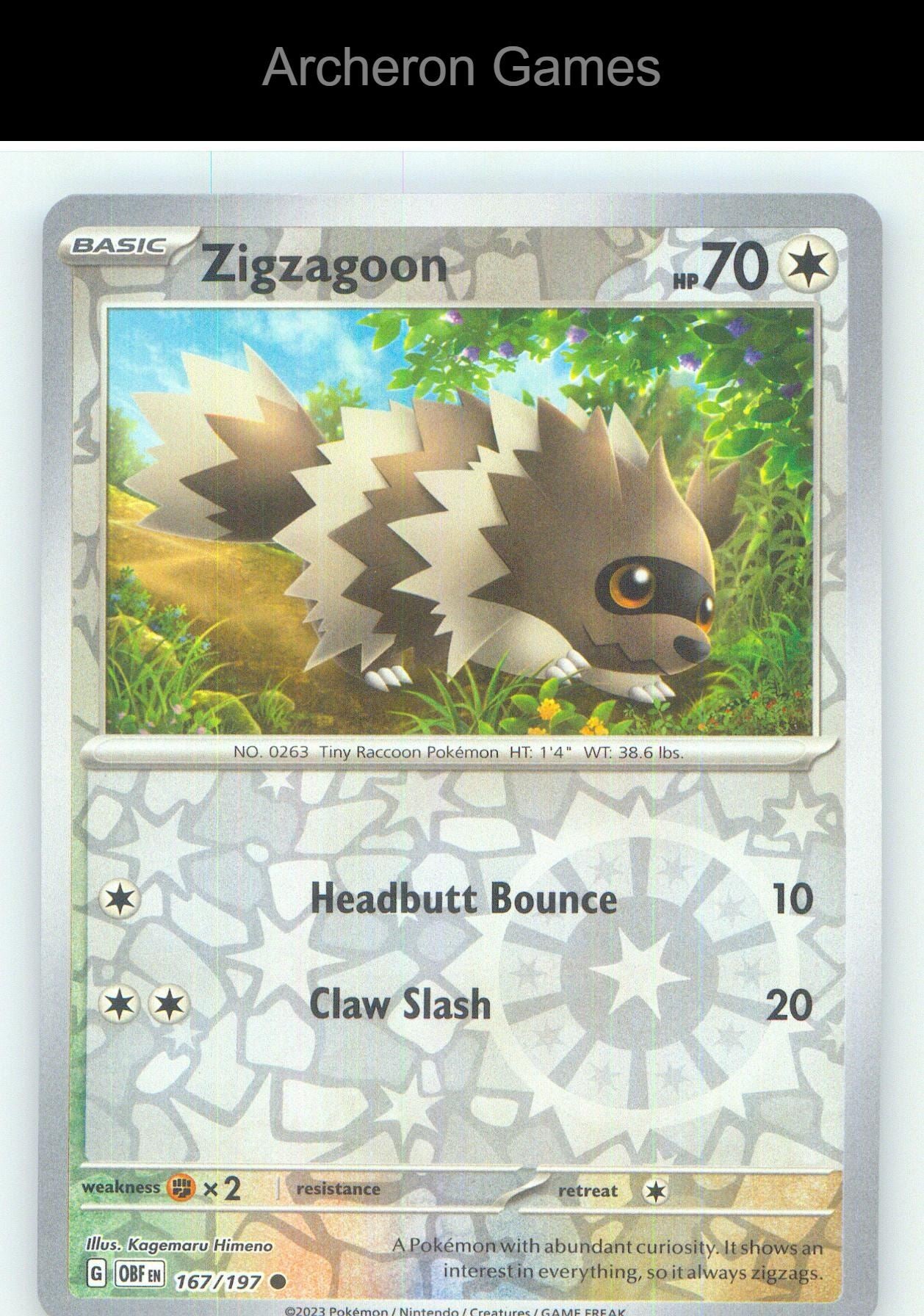 Pokemon Card Zigzagoon OBF 167/197 C Obsidian Flames Reverse Holo