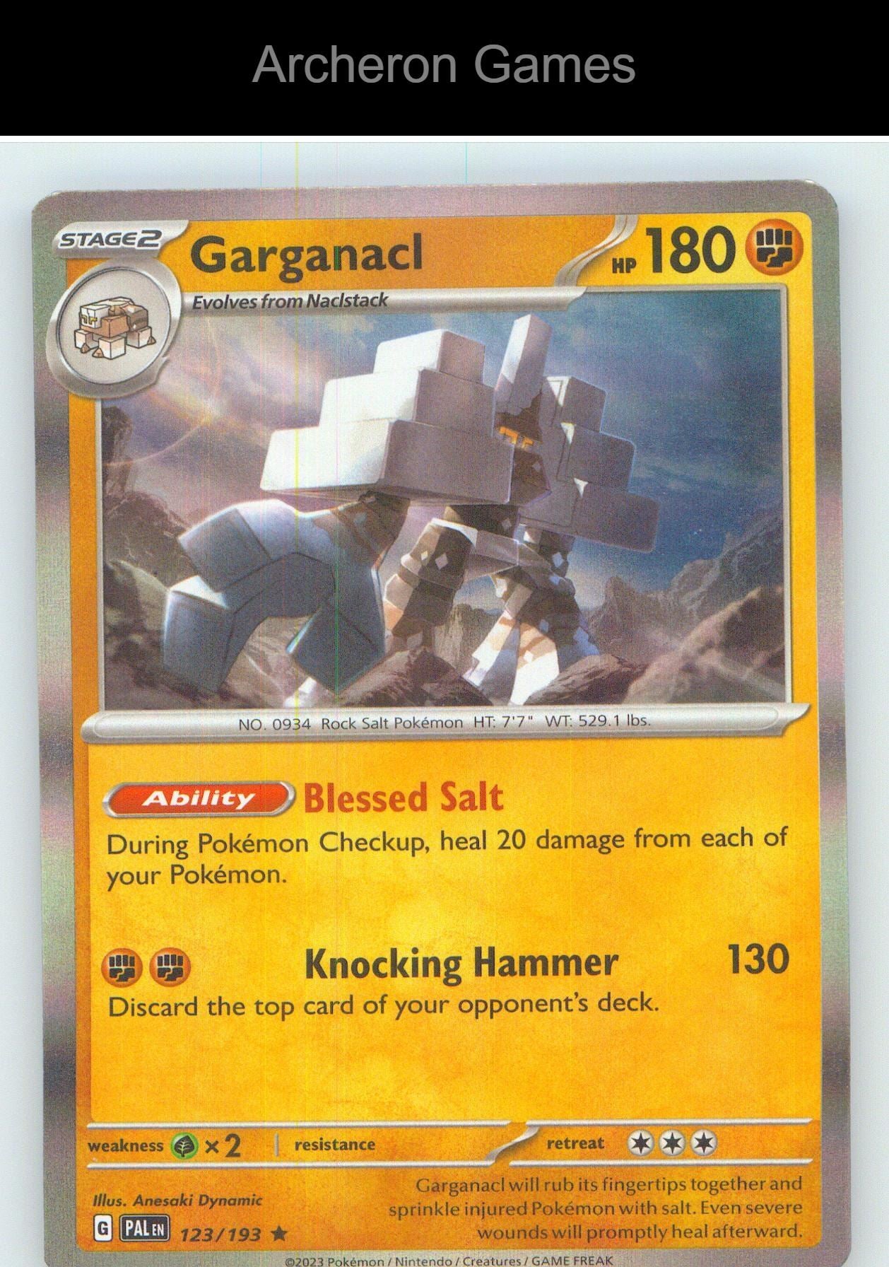 Pokemon Card Garganacl PAL 123/193 R Paldea Evolved Holo