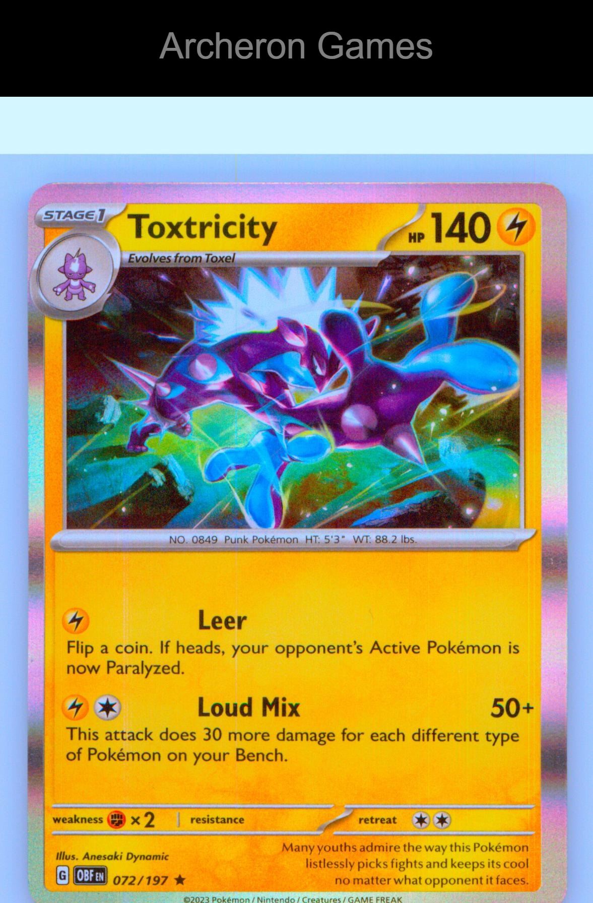 Pokemon Card Toxtricity OBF 072/197 R Obsidian Flames Holo