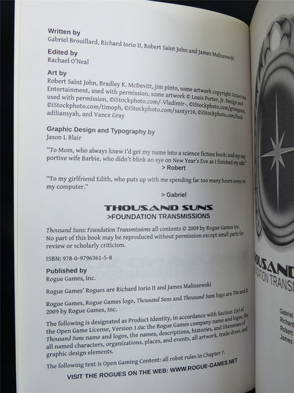 Thousand Suns :Foundation Transmissions - Rogue Games Book Softback #2VW