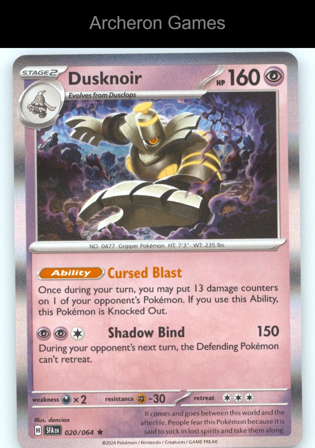 Pokemon Card Dusknoir SFA 020/064 R Shrouded Fable Holo