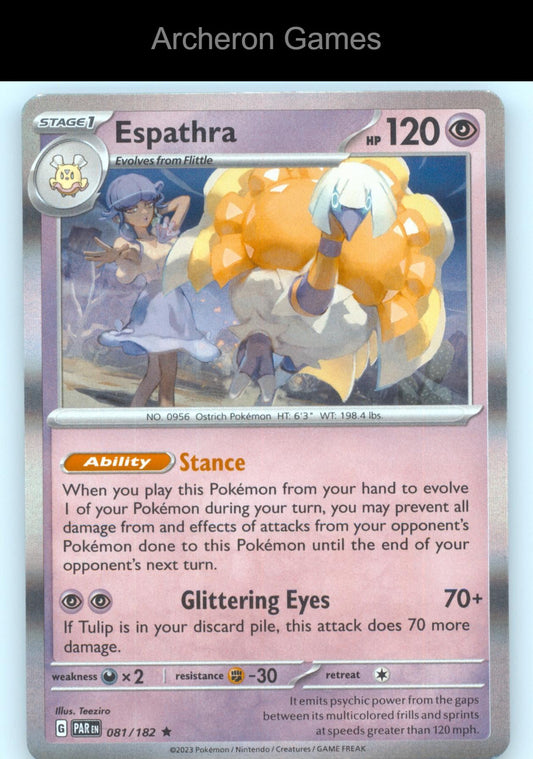 Pokemon Card Espathra PAR 081/182 R Paradox Rift Holo