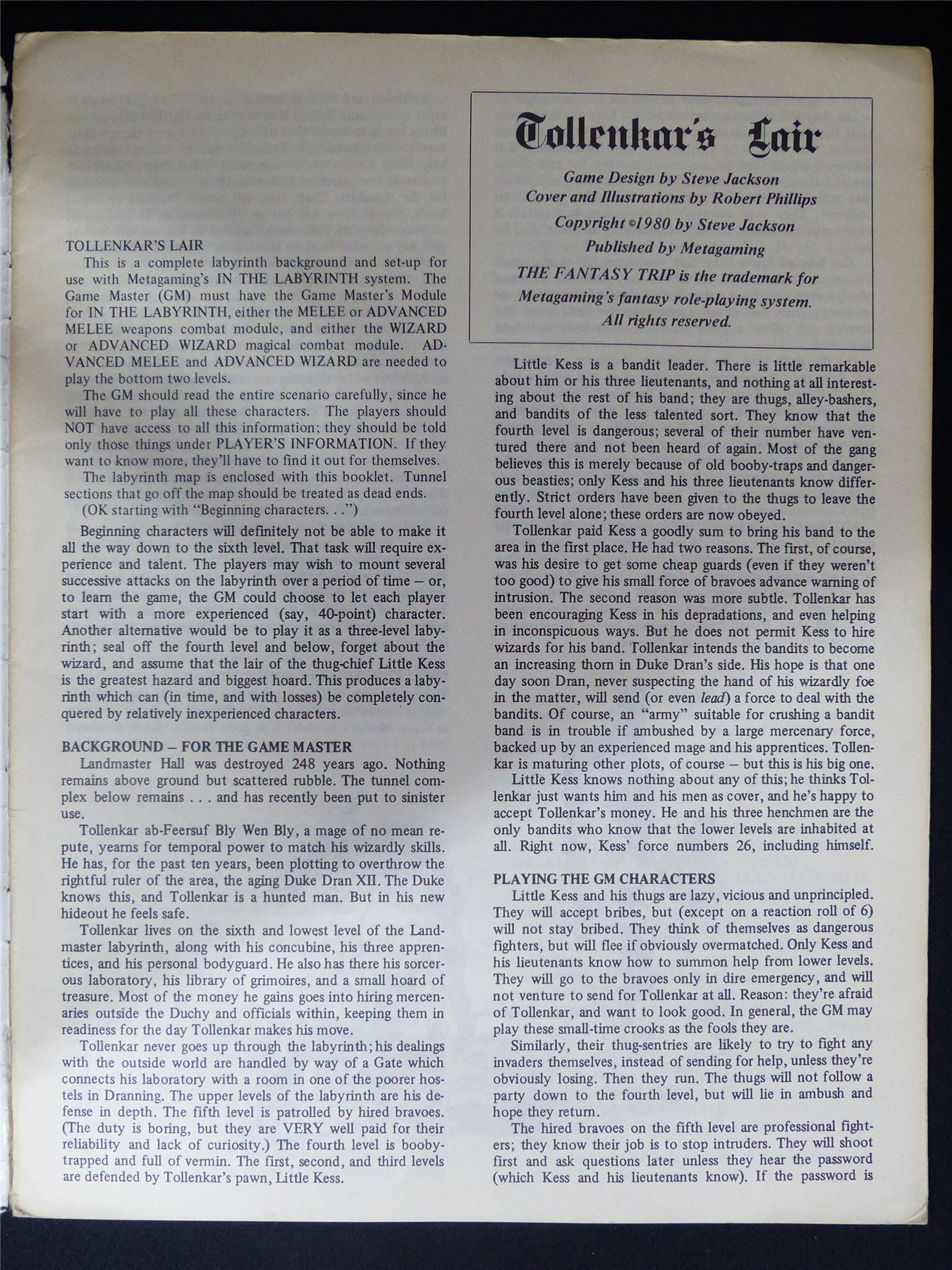 Tollenkar's Lair Adventure Supplement: The Fantasy Trip - Metagaming Booklet #2MU