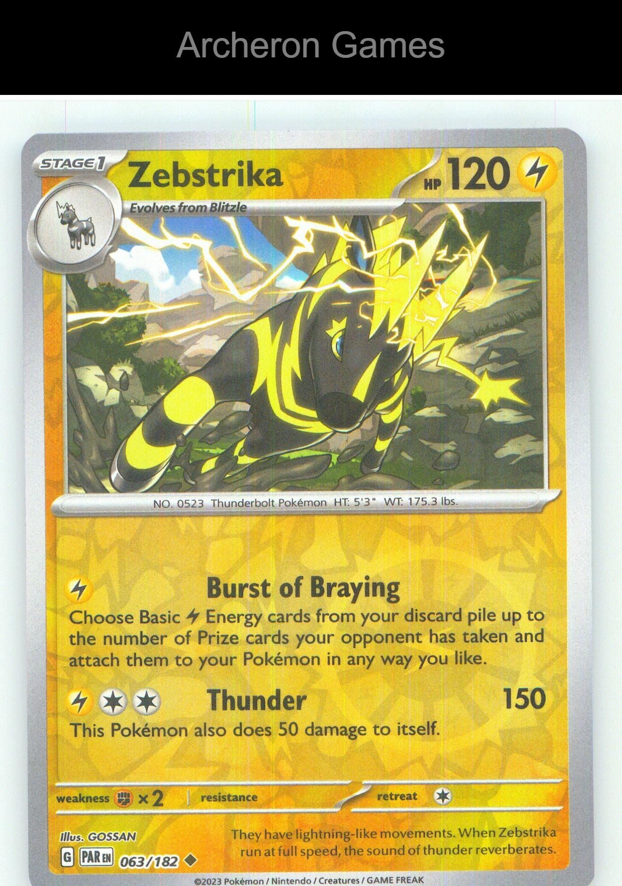 Pokemon Card Zebstrika PAR 063/182 UC Paradox Rift Reverse Holo
