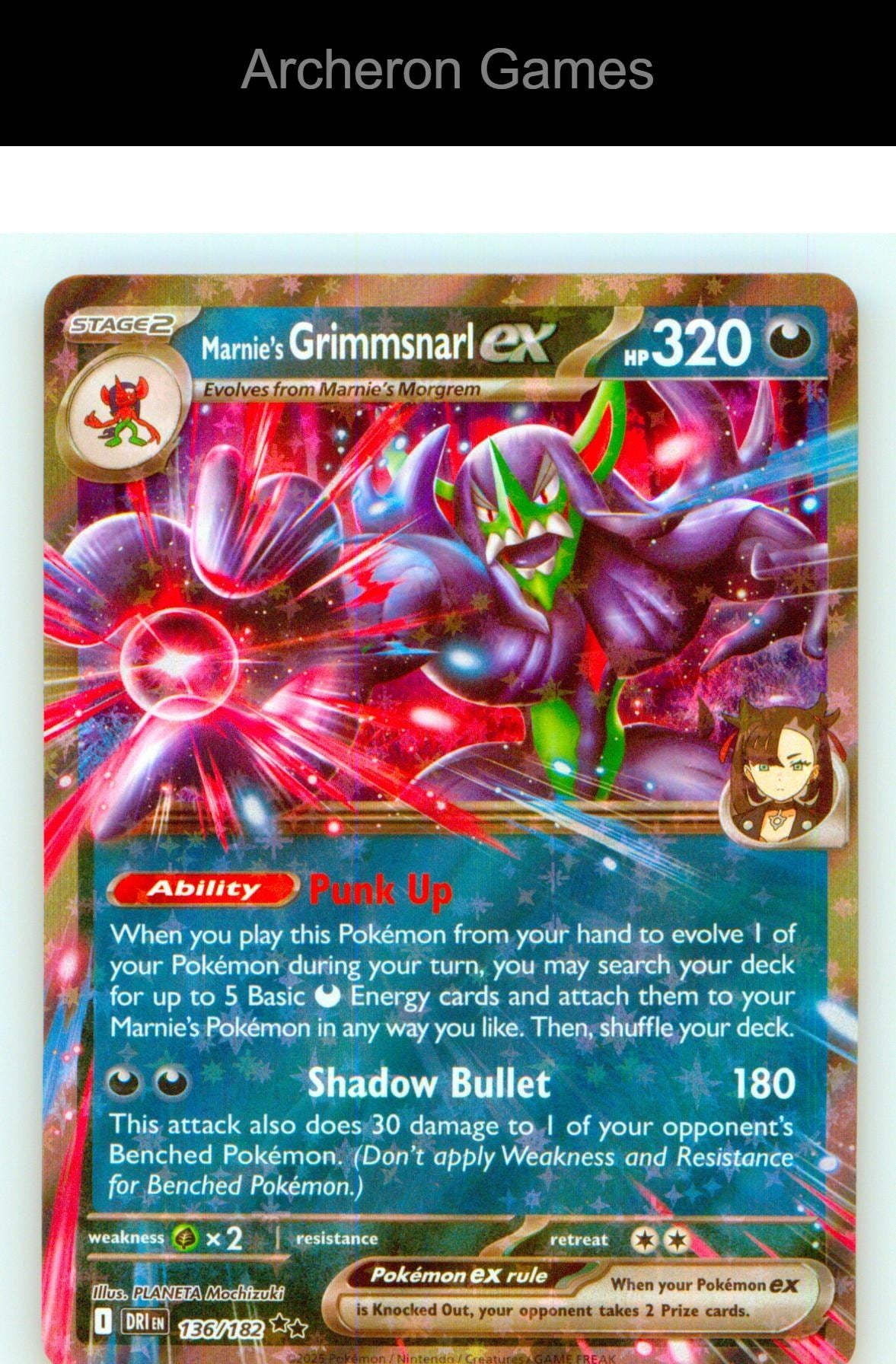 Pokemon Card Marnie's Grimmsnarl ex DRI 136/182 Double Rare Destined Rivals Holo