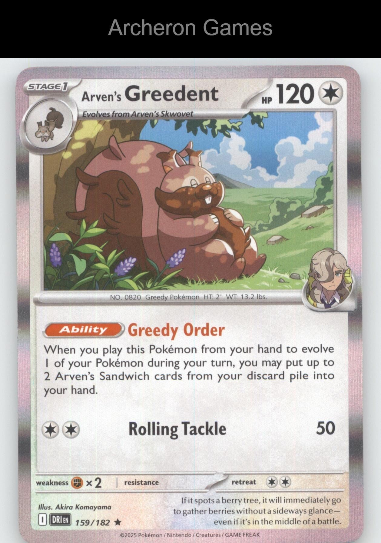 Pokemon Card Arven's Greedent DRI 159/182 R Destined Rivals Holo