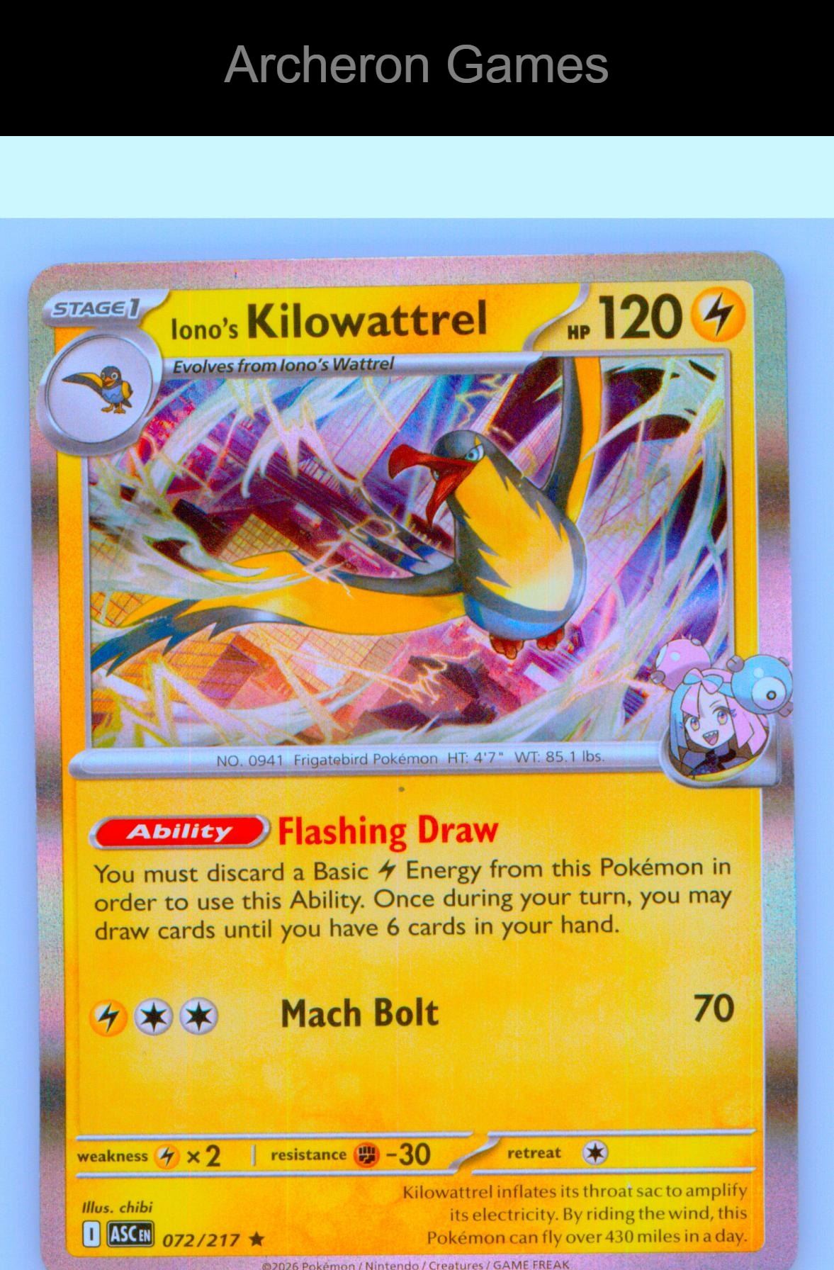 Pokemon Card Iono's Kilowattrel ASC 072/217 R Ascended Heroes Holo