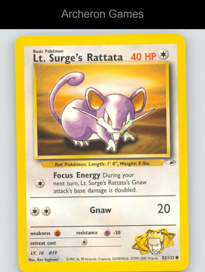 Pokemon Card Lt. Surge's Rattata G1 82/132 C Gym Heroes Unlimited
