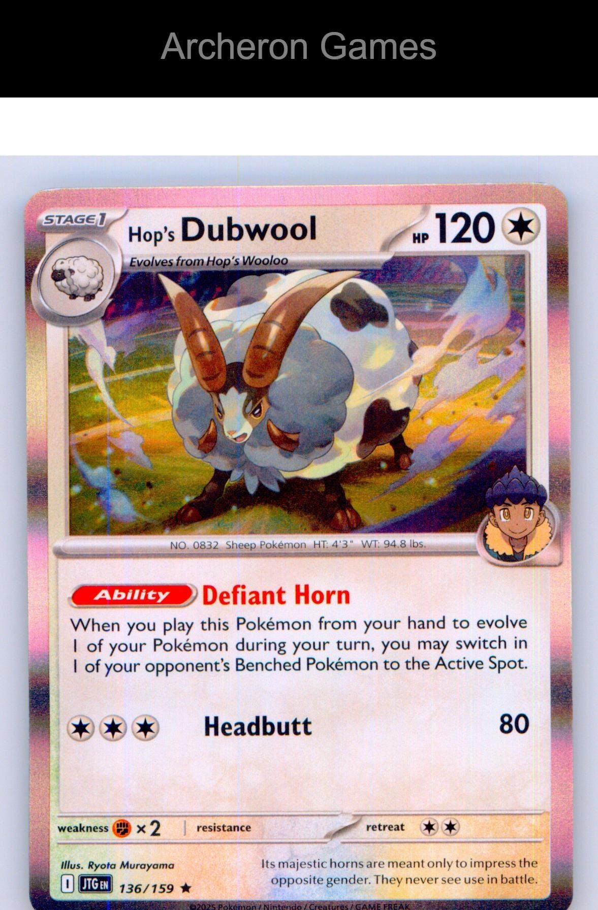 Pokemon Card Hop's Dubwool JTG 136/159 R Journey Together Holo