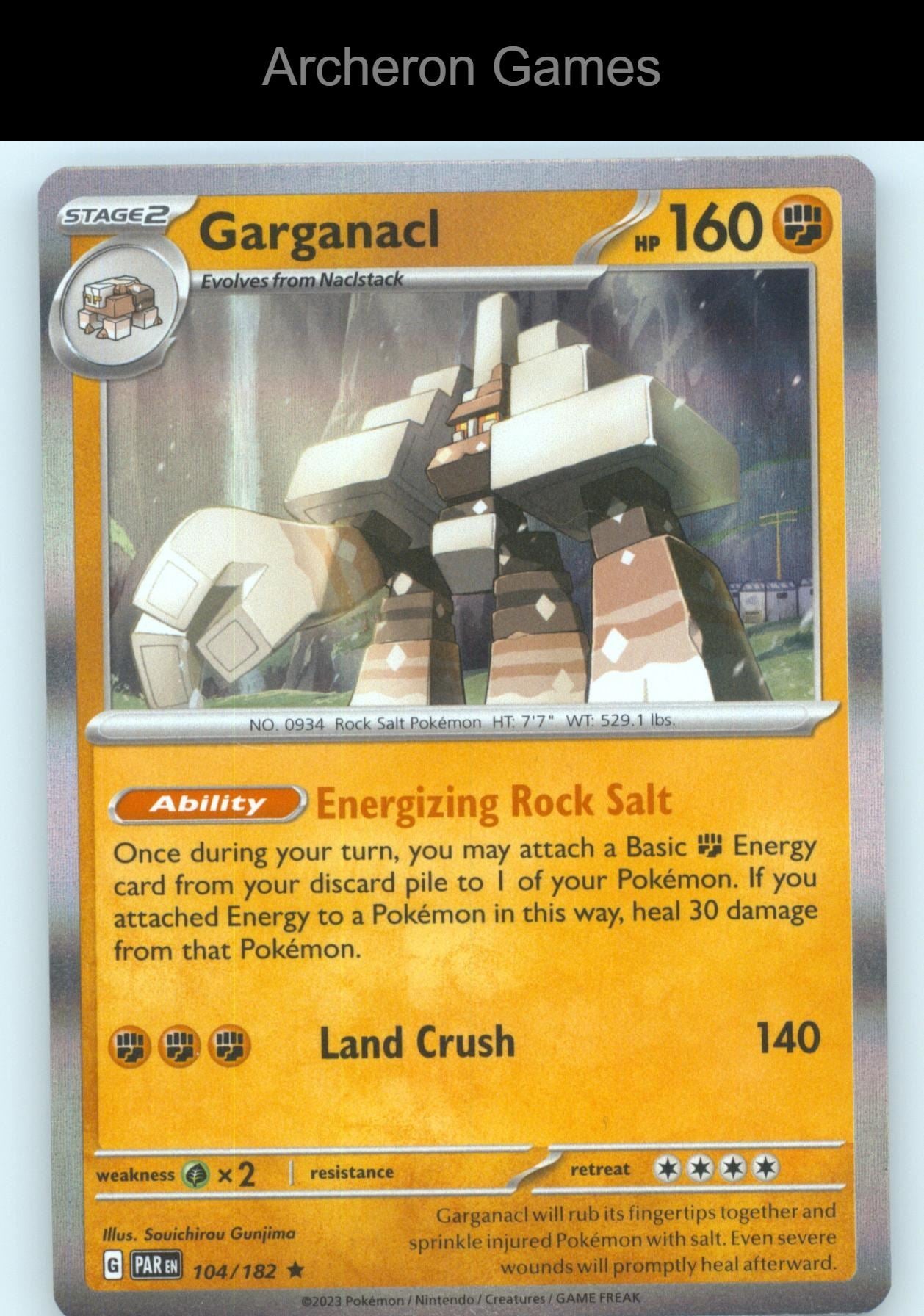 Pokemon Card Garganacl PAR 104/182 R Paradox Rift Holo