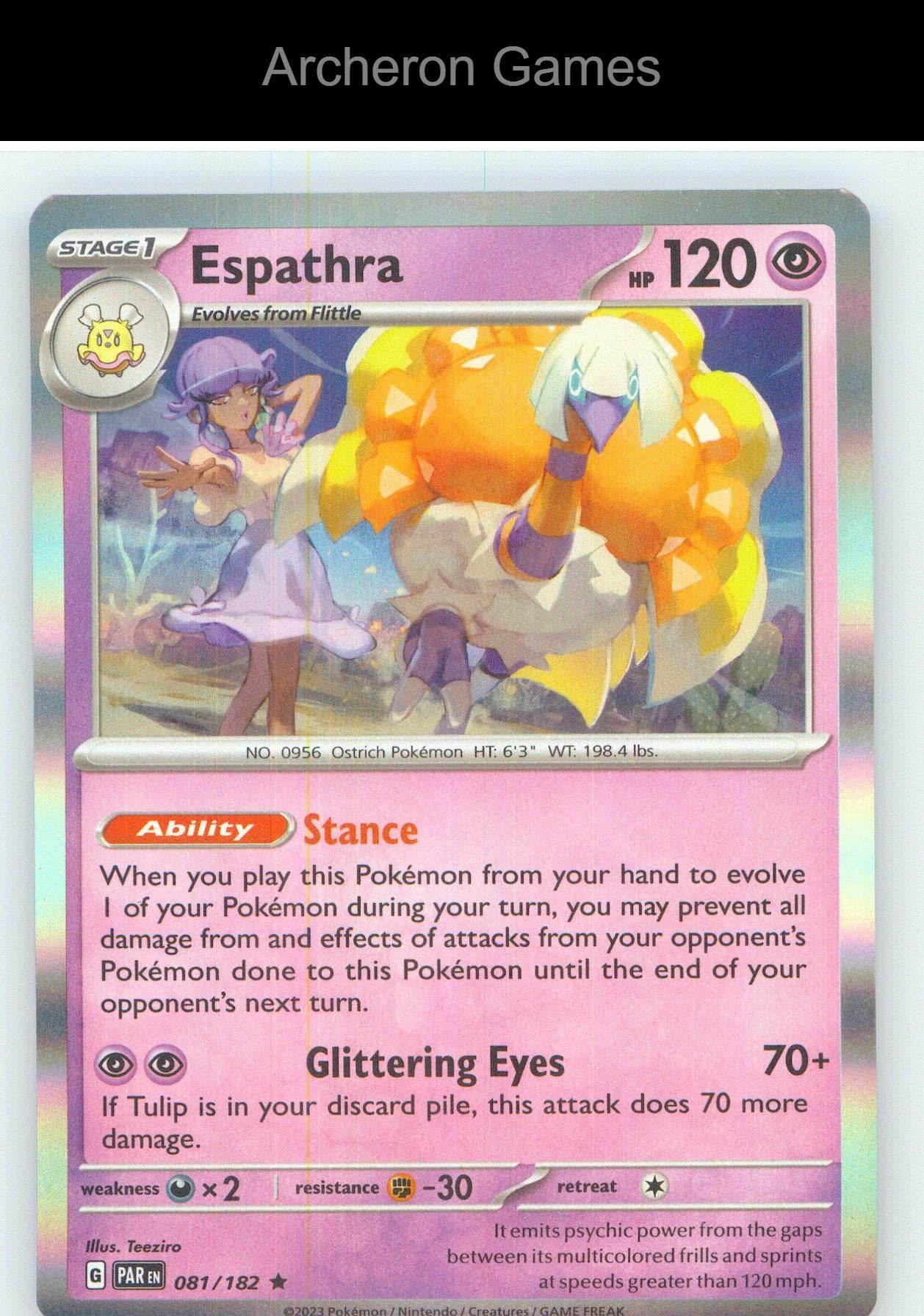 Pokemon Card Espathra PAR 081/182 R Paradox Rift Holo