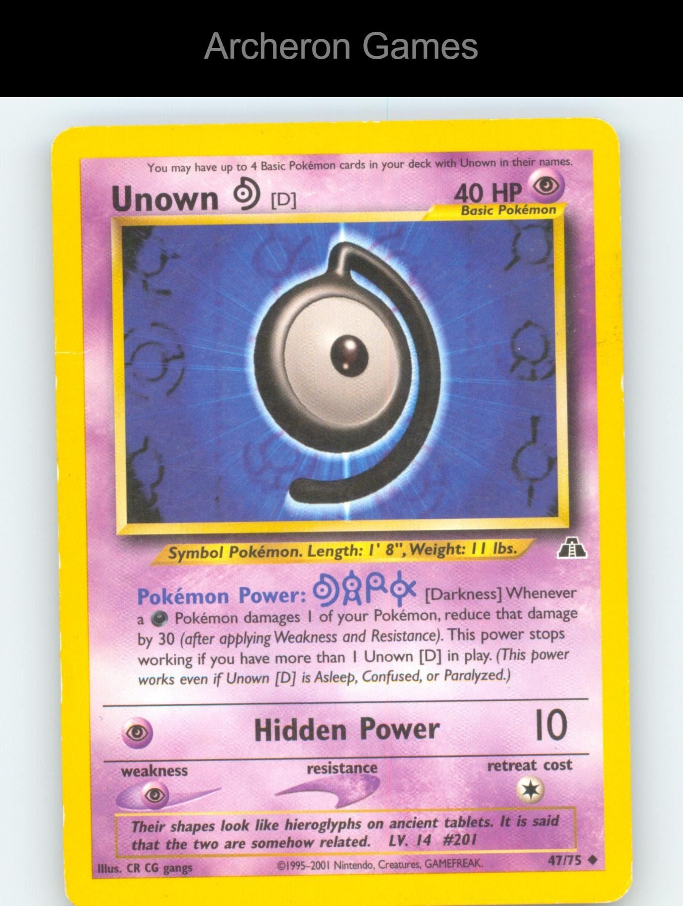 Pokemon Card Unown [D] N2 47/75 UC Neo Discovery Unlimited