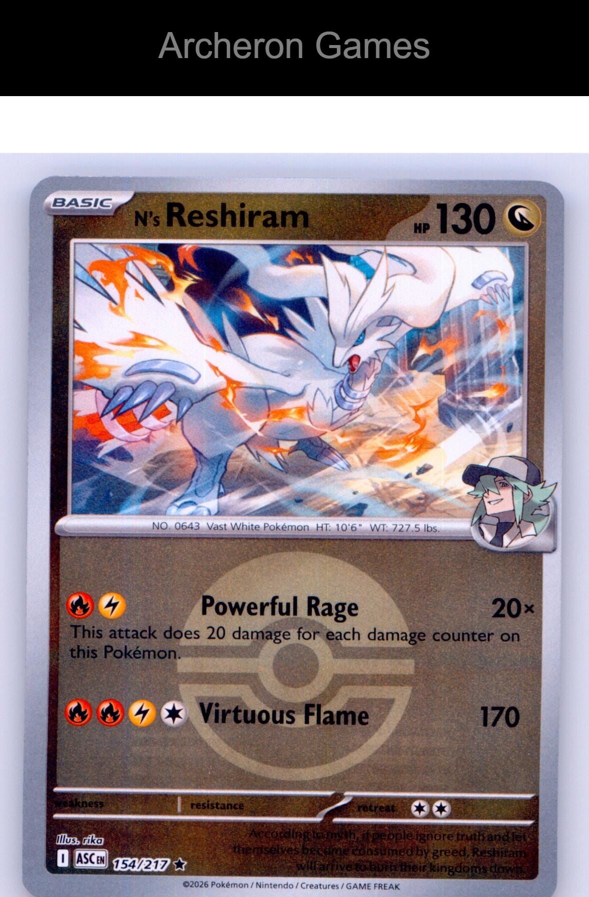 Pokemon Card N's Reshiram (Poke Ball) ASC 154/217 R Ascended Heroes Reverse Holo