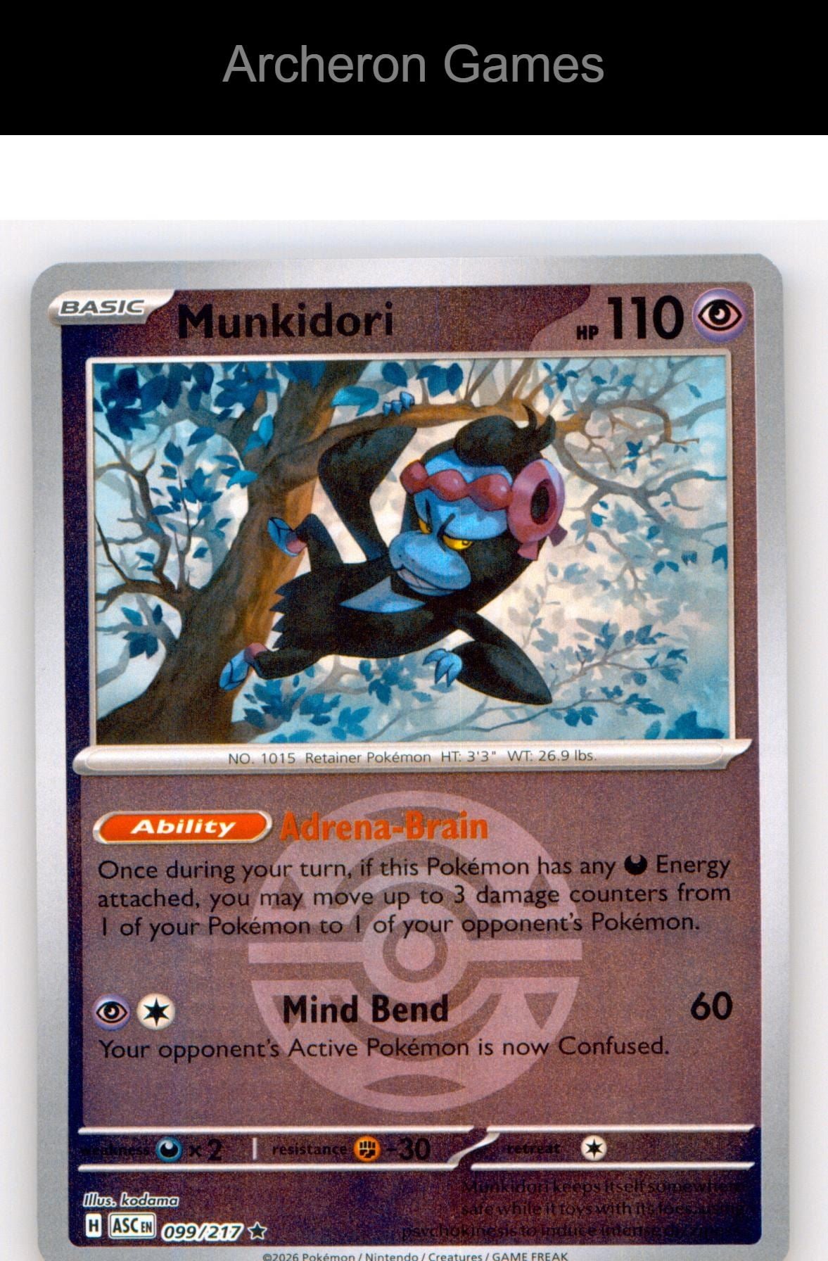 Pokemon Card Munkidori (Dusk Ball) ASC 099/217 R Ascended Heroes Reverse Holo