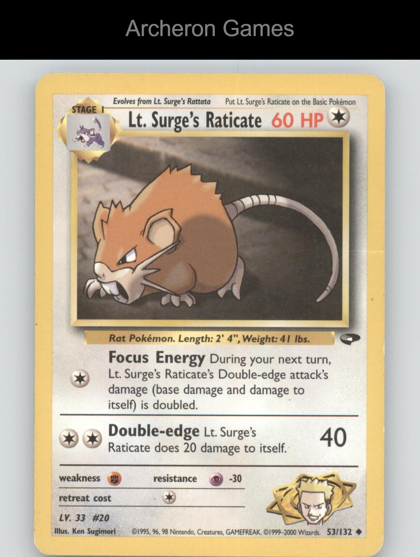 Pokemon Card Lt. Surge's Raticate G2 53/132 UC Gym Challenge Unlimited