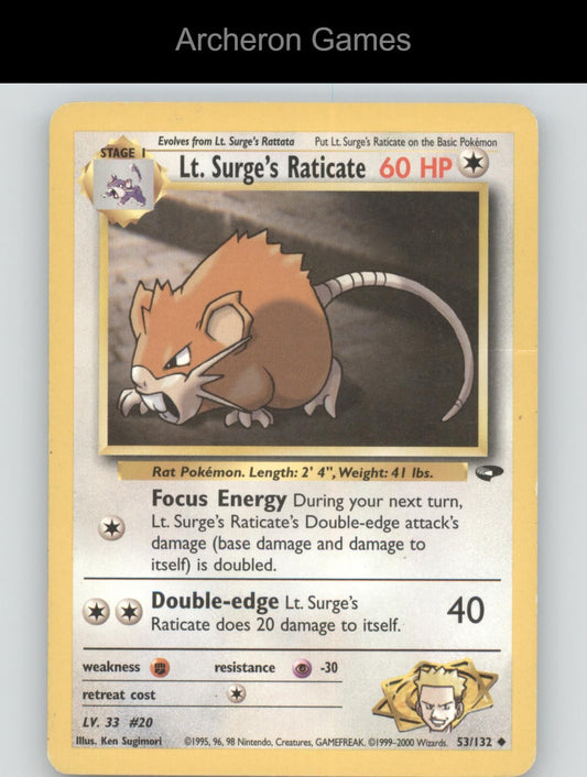 Pokemon Card Lt. Surge's Raticate G2 53/132 UC Gym Challenge Unlimited
