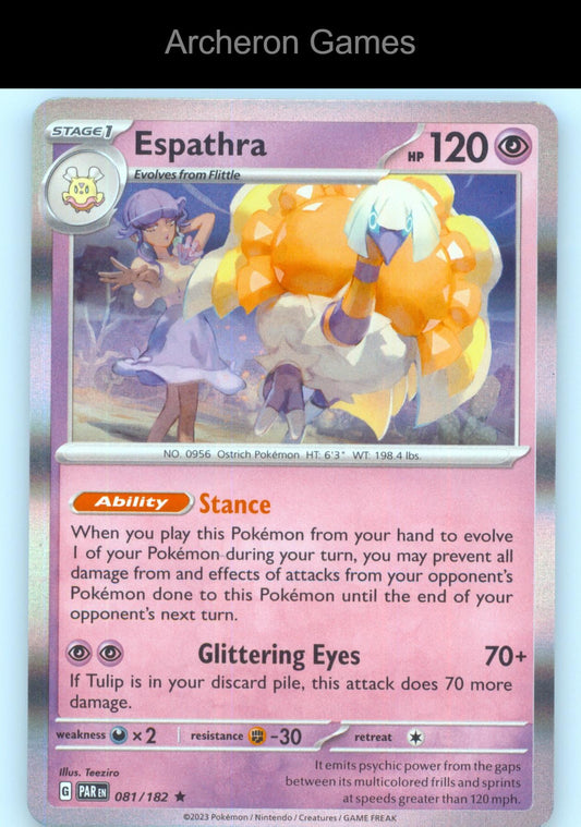 Pokemon Card Espathra PAR 081/182 R Paradox Rift Holo