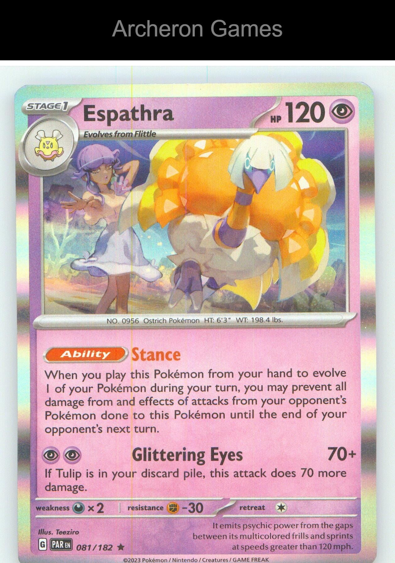 Pokemon Card Espathra PAR 081/182 R Paradox Rift Holo