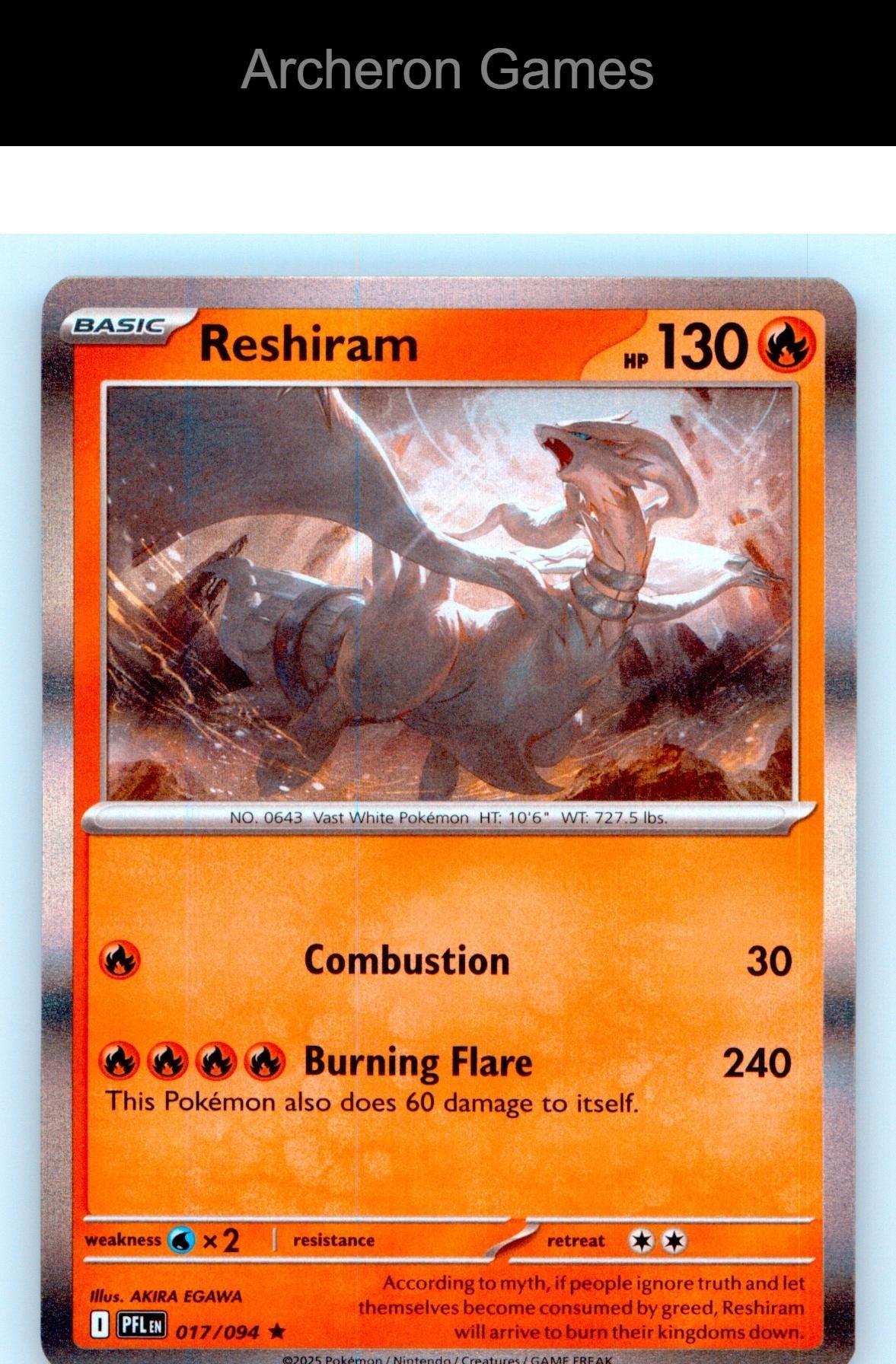 Pokemon Card Reshiram PFL 017/094 R Phantasmal Flames Holo