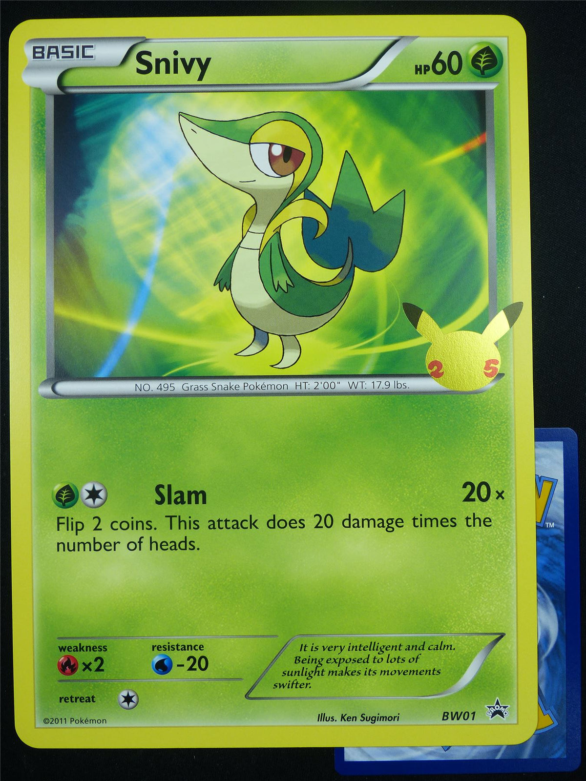 25th anniversary pokemon cards jumbo Snivy BW01 Celebration Promo version:Children of fate Pikachu does 10 damage This certainly looks like Cosmos