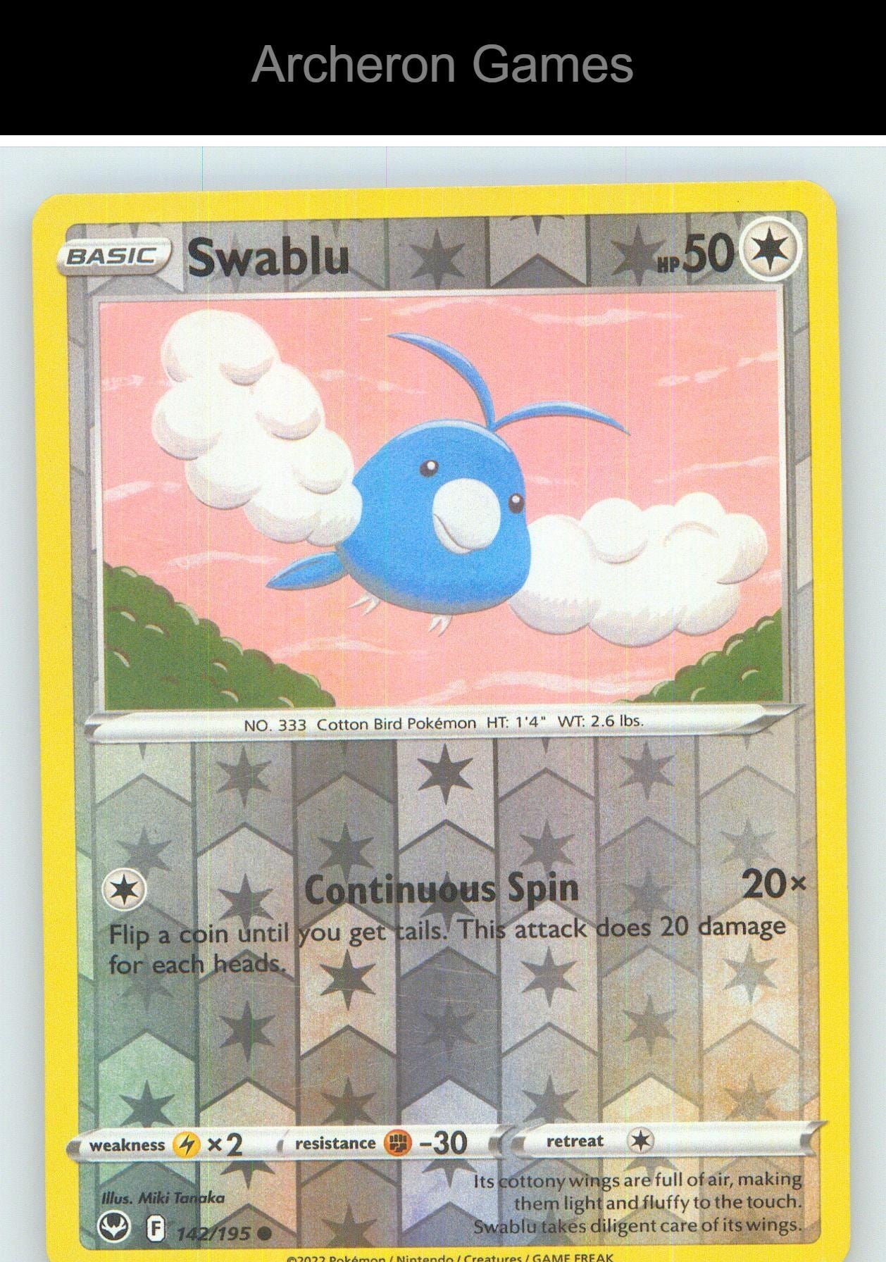 Pokemon Card Swablu SIT 142/195 C Silver Tempest Reverse Holo