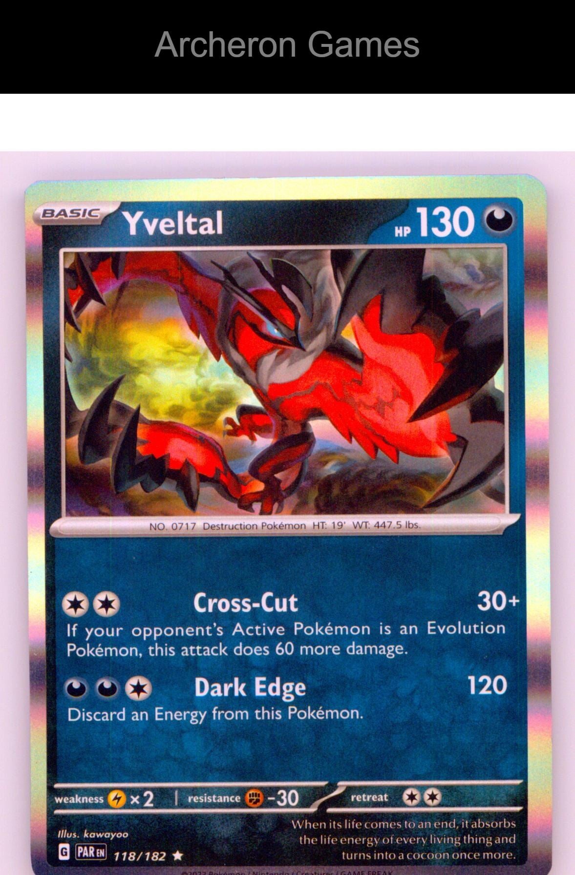 Pokemon Card Yveltal PAR 118/182 R Paradox Rift Holo