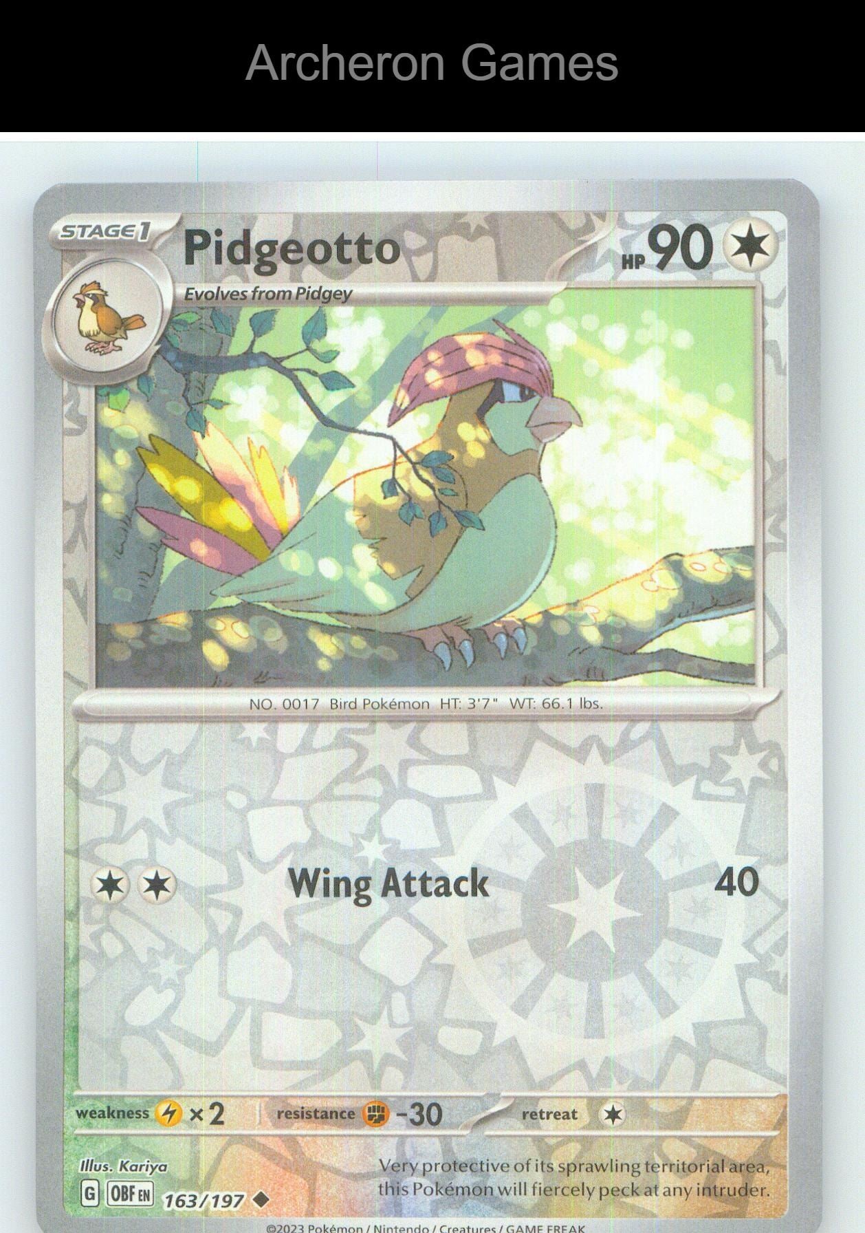 Pokemon Card Pidgeotto OBF 163/197 UC Obsidian Flames Reverse Holo